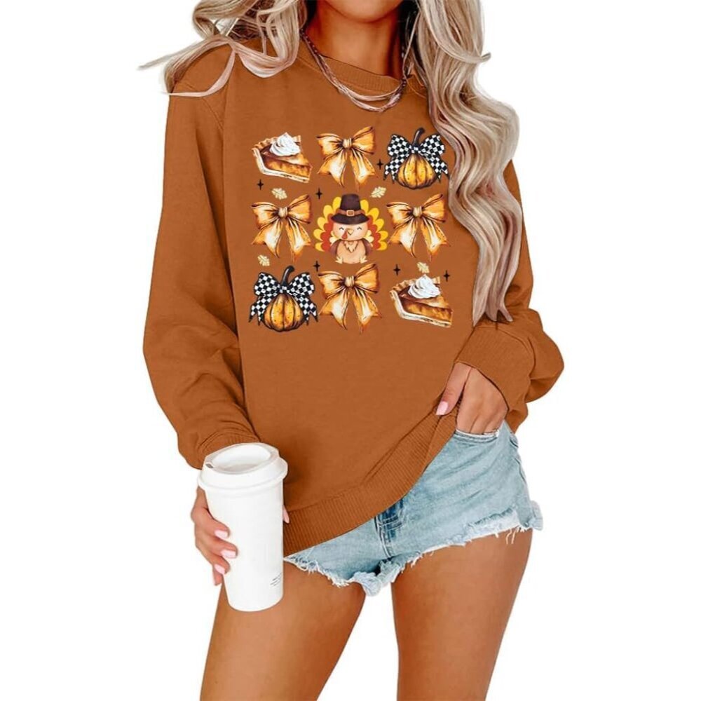 Thankful Sweatshirt Women Pumpkin Turkey Fall Holiday Casual Top Medium